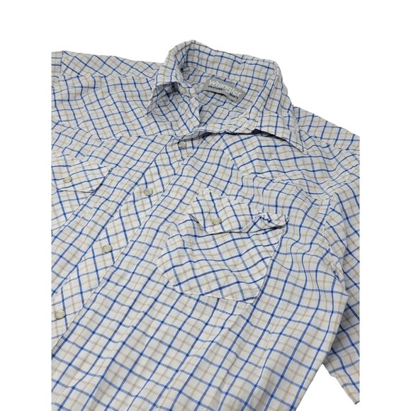 Wrangler Wrancher Short Sleeve Pearl Snap Shirt Size Medium White Blue Plaid - Picture 1 of 5